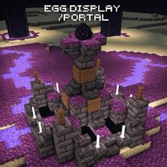 an egg display in minecraft with purple and white tiles on the ground, including two towers