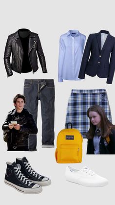 a collage of clothes, shoes and backpacks including a man's jacket