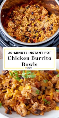 chicken burrito bowls with text overlay that reads 20 minute instant pot chicken burrito bowls