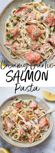 salmon pasta in a pan with lemon wedges on the side