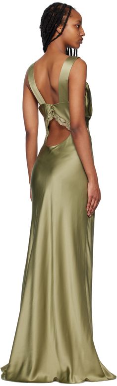 Silk satin dress. Lace trim throughout. · V-neck · Fixed shoulder straps · Button closure · Cutout at back · Full crepe lining Supplier color: Artichoke Green Slip Dress Maxi, V Neck Prom Dress Green, Luxury Bias-cut Evening Dress For Spring, Luxury Bias-cut Evening Dress For Women, Beige Satin Dress Long, Moss Green Silk Slip Dress, Green Silk Dress Low Back, Silk Green Long Sleeve Dress, Long Green Dress Silk