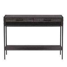 a black console table with two drawers on one side and an open shelf at the bottom