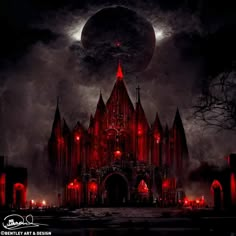 an image of a gothic castle with red lights on it's sides and the moon in the background