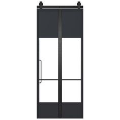 an open glass door with black frame and metal bars on the bottom, against a white background