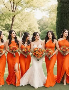 a group of women in orange dresses standing next to each other