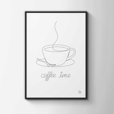 a coffee cup with the words coffee time on it in black and white framed paper