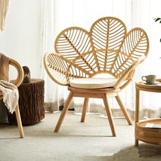 a wicker chair sitting in front of a window next to a potted plant