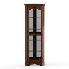 a wooden display case with glass doors on the top and bottom shelves in dark wood