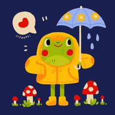 a cartoon character holding an umbrella in front of some mushrooms and toadlings on a dark blue background