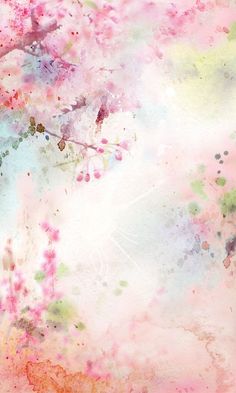 an abstract painting of pink flowers on a white and blue background with watercolors