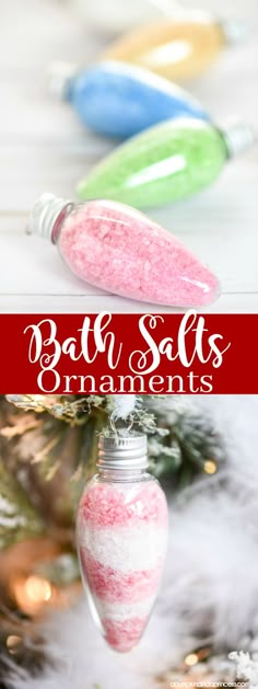 some ornaments are hanging from a christmas tree with the words bath salts ornaments on them