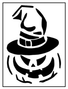 a black and white drawing of a witch's hat on top of a pumpkin