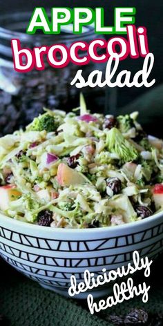 a bowl filled with broccoli salad on top of a table