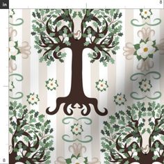 a wallpaper with a tree and flowers on the front, in shades of green