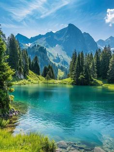 a lake surrounded by mountains and pine trees