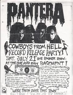 an advertisement for the pantera records release party, featuring three men in black and white