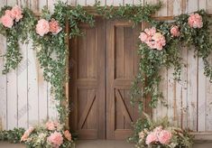 Rustic Wood Door Pink Flowers Backdrop - Gatsby Backdrop Door With Flowers, Rustic Wood Door, Spring Barn Wedding, Bridal Shower Spring, Rustic Wood Doors, Bautizo Ideas, Decor For Party, Flowers Backdrop, Chelsea Wedding