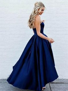 Blue Fitted Ball Gown With Sweetheart Neckline, Blue Fitted A-line Strapless Dress, Blue Satin Ball Gown Dress, Elegant Blue Ball Gown With Corset Back, Blue Fitted Ball Gown For Bridesmaid, Fitted Blue Ball Gown For Bridesmaid, Blue Wedding Evening Dress With Corset Back, Blue Evening Dress With Corset Back For Wedding, Fitted Blue Ball Gown Dress