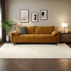 a living room scene with focus on the couch and rug, along with three framed pictures