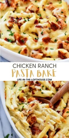 chicken ranch pasta bake in a white casserole dish