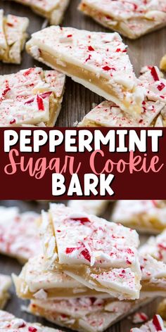 peppermint sugar cookie bark with white frosting and red sprinkles