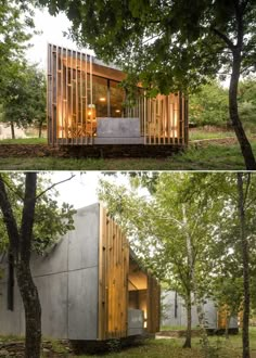 two pictures of the inside and outside of a house with wooden slats on it