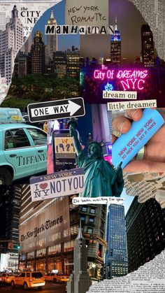 a collage of photos with the statue of liberty in new york city