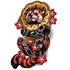 an animal that is sitting down with some flowers on its head and holding a record player