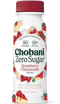 a bottle of chobani zero sugar with strawberries and cherries on it