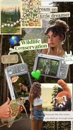 a collage of photos with animals and people in the background, including an image of a woman holding a camera