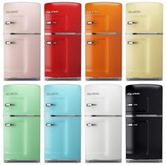 many different colors of refrigerators are shown in this image, including red, yellow, green, blue, and white