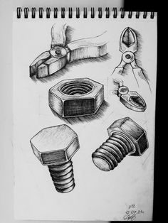 pencil drawing of various tools and materials on paper