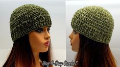 two pictures of a woman wearing a green knitted hat with buttons on the side