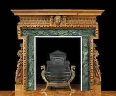 an ornate fireplace with a chair in front of it on a wooden floor and black background