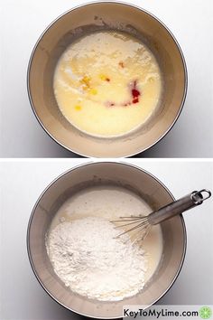 two pictures showing how to make cake batter