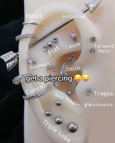 an ear with different types of piercings on it and the words'get a piercing '