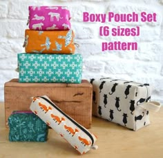 four different types of toiletries are stacked on top of each other with the text box pouch set 16 sizes pattern