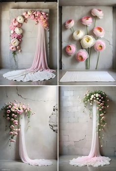 four different images of flowers arranged in the shape of an arch, with white and pink petals