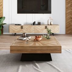 a living room with wooden furniture and a flat screen tv mounted above it's entertainment center