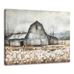 an old barn with white flowers in the foreground