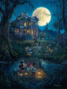 Mickey and the Fab of Five are at the outside grounds of the Haunted Mansion; as the full moon rises, Mickey gets spooked; the rest are exposing the area. Disney Fine Art, The Haunted Mansion, Disney Haunted Mansion, Disney Artwork, Moon Rise, Pinturas Disney, Thomas Kinkade, Disney Theme Parks, Disney Theme