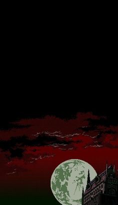 an image of a full moon in the sky above a castle with red and green paint