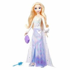 a doll with blonde hair wearing a white dress and holding a purple ball in her hand