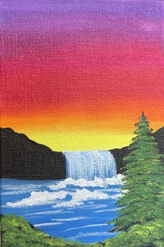 an acrylic painting of a waterfall at sunset