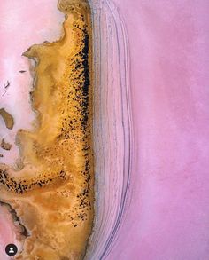 an aerial view of the water and land in this area is pink with brown spots