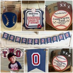 a collage of photos with baseball themed items and decorations on display in glass jars