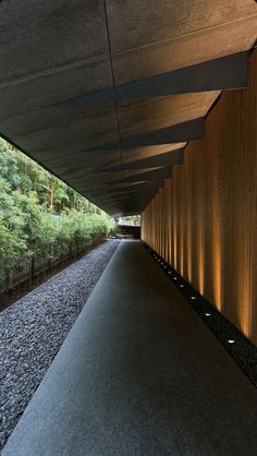 the walkway is lined with black stones and gravel, leading to an outdoor area that's surrounded by trees