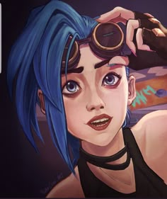 a girl with blue hair and goggles looking into the distance