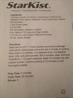 the instructions for stark - istt's classic tuna noodle casserole