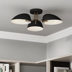 a ceiling light with three lights on top of it in a living room next to bookshelves